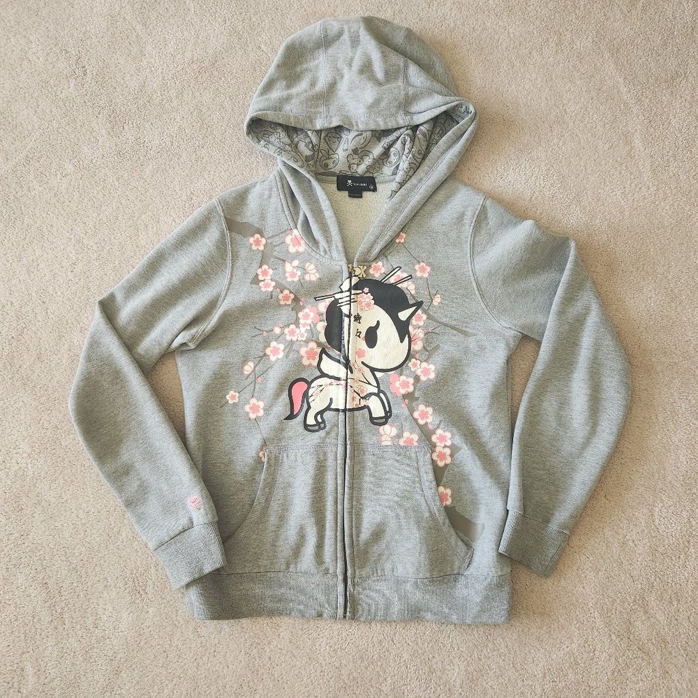 tokidoki cherry blossom unicorno gray zip up hoodie